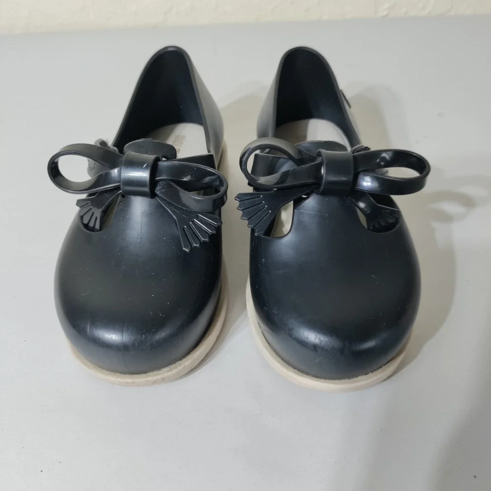 Mini Melissa Black Mary Jane Bow Tassel Shoes Girls Size 7 USA Lug Sole Flat